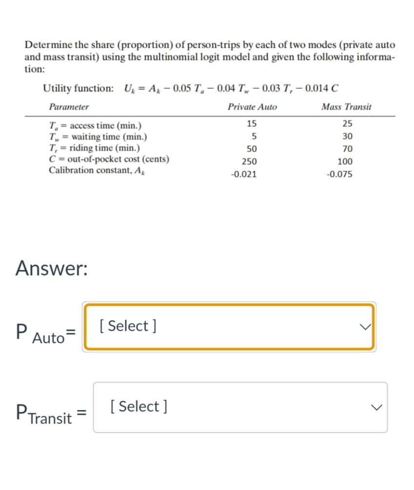 Determine the share (proportion) of person-trips by each of two modes (private auto
and mass transit) using the multinomial logit model and given the following informa-
tion:
Utility function: Ug = A – 0.05 T. – 0.04 T„ – 0.03 T, – 0.014 C
Parameter
Private Auto
Mass Transit
15
25
T. = access time (min.)
T, = waiting time (min.)
T, = riding time (min.)
C = out-of-pocket cost (cents)
Calibration constant, A̟
30
50
70
250
100
-0.021
-0.075
Answer:
[ Select ]
Auto
PTransit
[ Select ]
>
