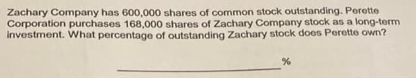 Zachary Company has 600,000 shares of common stock outstanding. Perette
Corporation purchases 168,000 shares of Zachary Company stock as a long-term
investment. What percentage of outstanding Zachary stock does Perette own?
