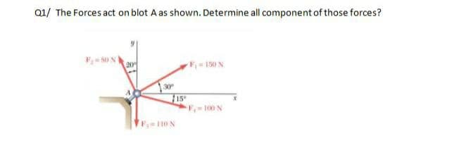 Q1/ The Forces act on blot A as shown. Determine all component of those forces?
20
150 N
30
15
-100 N
10 N
