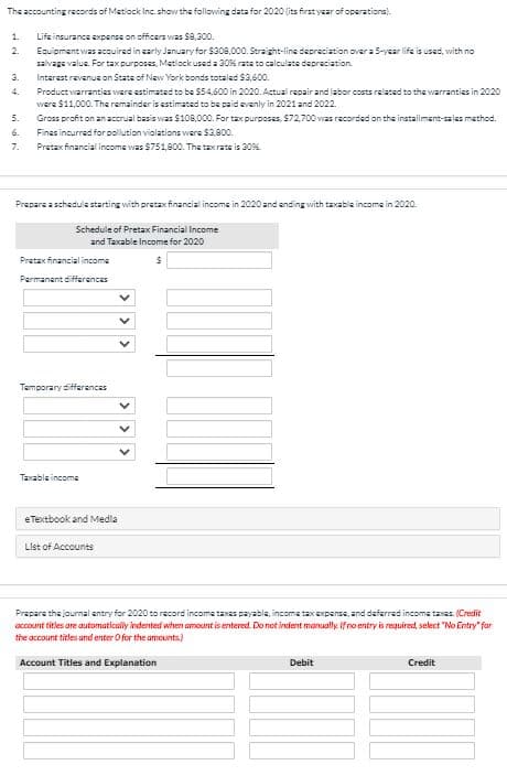 The accounting records of Metlock Inc. show the following data for 2020 (its first year of operations.
1.
Life insurance expense on officers was $8,300.
Equipment was acquired in carly January for $308,000. Straight-line depreciation over a 5-year life is used, with no
salvaga value. For tax purposes, Metlock used a 30% rate to calculate depreciation.
2.
3.
Intsrest revenus on State of Naw York bonds totaled $3,600.
4.
Product warranties were estimated to be $54,600 in 2020. Actual repair and iabor costs related to the warranties in 2020
were $11,000. The remainder is estimated to be paid evenly in 2021 and 2022.
Gross profit on an accrual basis was $108,000. For tax purposes, $72,700 was recorded on the installment-sales method.
Fines incurred for pollution violations were $3,800.
5.
6.
7.
Pretax financial income was $751,800. The tax rats is 30
Prepare a schedula starting with pretax financial incoms in 2020 and ending with taxable income in 2020.
Schedule of Pretax Financial Income
and Taxable Income for 2020
Pretax financial income
Permanent differences
Tamporary differences
Taxable income
e Textbook and Medla
List of Accounts
Prepare the journal antry for 2020 to record income taxas payable, incoma tax expense, and deferred income taxas. (Credit
acount titles are automaticaly indented when amount is entered. Do not indent manually if no entry is required, select "No Entry" for
the account titles and enter O for the amounts)
Account Titles and Explanation
Debit
Credit
