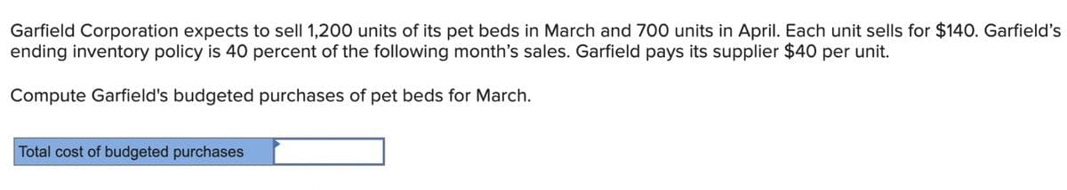 Garfield Corporation expects to sell 1,200 units of its pet beds in March and 700 units in April. Each unit sells for $140. Garfield's
ending inventory policy is 40 percent of the following month's sales. Garfield pays its supplier $40 per unit.
Compute Garfield's budgeted purchases of pet beds for March.
Total cost of budgeted purchases