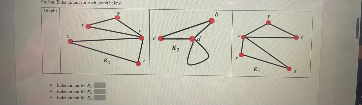 Find an Euler circuit for each graph below.
Graphs
K2
K1
K3
Euler circuit for K1:
Euler circuit for K2:
• Euler circuit for K3:
