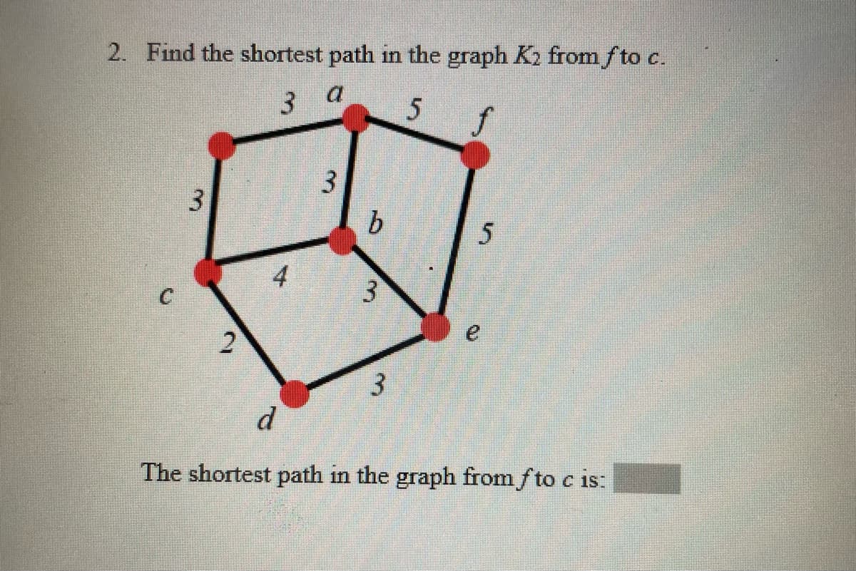 2. Find the shortest path in the graph K2 fromfto c.
3
f
3
3
4
3
The shortest path in the graph from f to c is:
