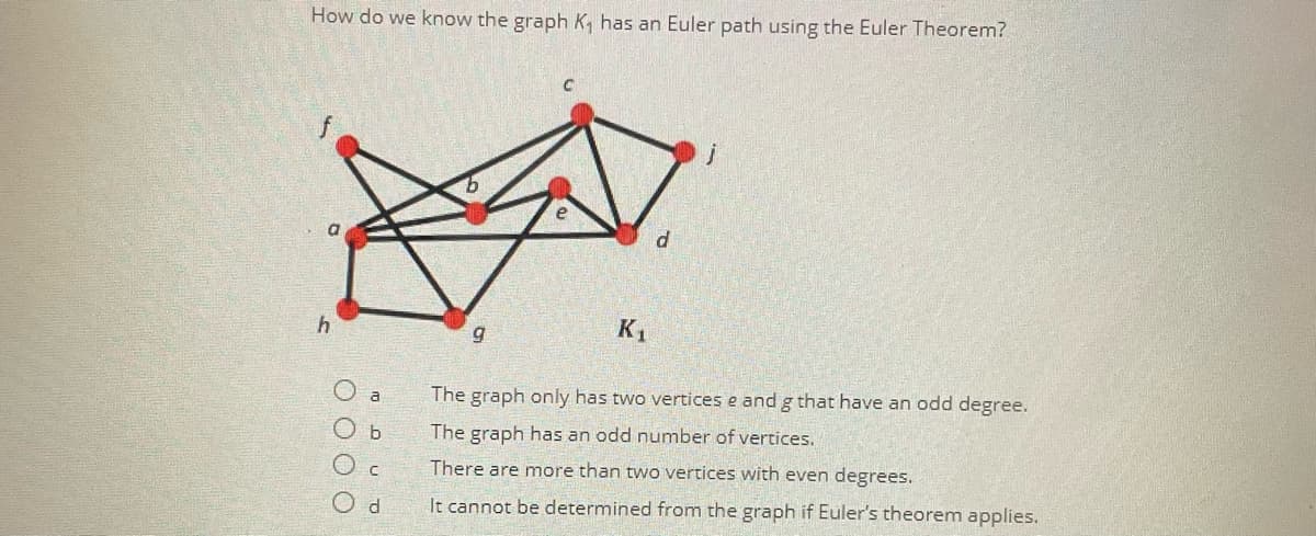 How do we know the graph K₁ has an Euler path using the Euler Theorem?
b
d
h
K₁
g
The graph only has two vertices e and g that have an odd degree.
The graph has an odd number of vertices.
There are more than two vertices with even degrees.
It cannot be determined from the graph if Euler's theorem applies.
O a
0000
anσ0
Od