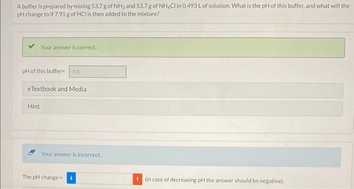 A buffer is prepared by mixing 53.7 g of NH3 and 53.7 g of NH4Cl in 0.493 L of solution. What is the pH of this buffer, and what will the
pH change to if 7.91g of HCI is then added to the mixture?
Your answer is correct.
pH of this buffer 9.8.
eTextbook and Media
Hint
Your answer is incorrect.
The pH change= i
(in case of decreasing pH the answer should be negative).