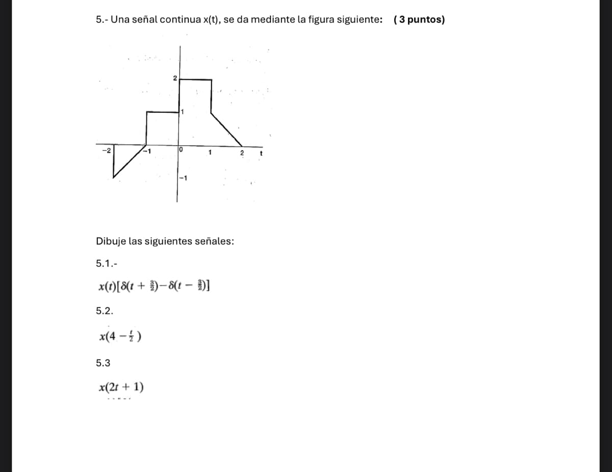 5.- Una señal continua x(t), se da mediante la figura siguiente: (3 puntos)
2
Dibuje las siguientes señales:
5.1.-
x(t)[8(t + )−8(t)]
5.2.
x(4-2)
5.3
x(2t+1)