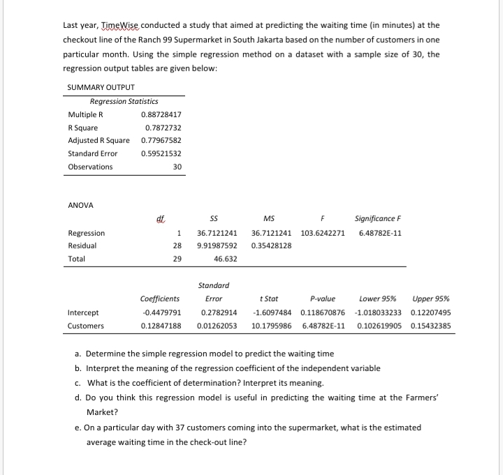 Last year, TimeWise conducted a study that aimed at predicting the waiting time (in minutes) at the
checkout line of the Ranch 99 Supermarket in South Jakarta based on the number of customers in one
particular month. Using the simple regression method on a dataset with a sample size of 30, the
regression output tables are given below:
SUMMARY OUTPUT
Regression Statistics
Multiple R
0.88728417
R Square
0.7872732
Adjusted R Square 0.77967582
Standard Error
0.59521532
Observations
30
ANOVA
MS
Significance F
Regression
36.7121241
36.7121241 103.6242271
6.48782E-11
Residual
28
9.91987592
0.35428128
Total
29
46.632
Standard
Coefficients
Error
t Stat
P-value
Lower 95%
Upper 95%
Intercept
-0.4479791
0.2782914
-1.6097484
0.118670876 -1.018033233 0.12207495
Customers
0.12847188
0.01262053
10.1795986 6.48782E-11 0.102619905 0.15432385
a. Determine the simple regression model to predict the waiting time
b. Interpret the meaning of the regression coefficient of the independent variable
c. What is the coefficient of determination? Interpret its meaning.
d. Do you think this regression model is useful in predicting the waiting time at the Farmers'
Market?
e. On a particular day with 37 customers coming into the supermarket, what is the estimated
average waiting time in the check-out line?
