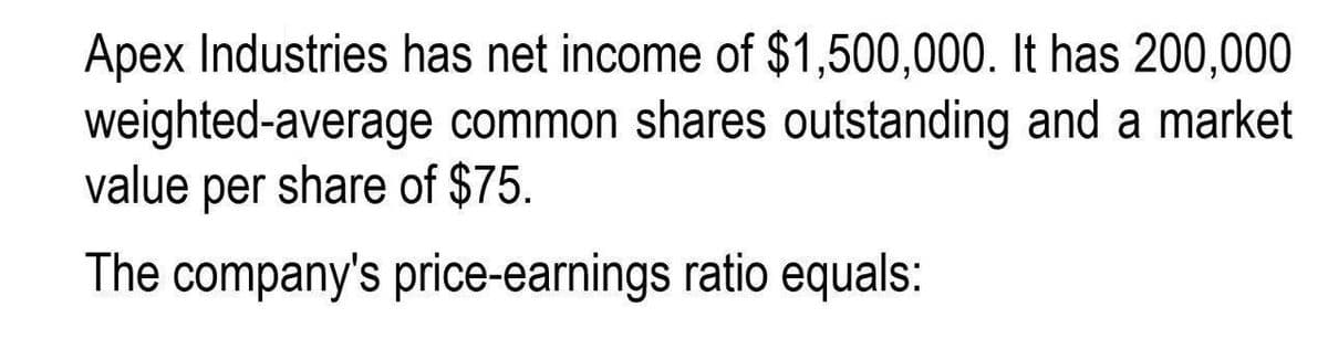 Apex Industries has net income of $1,500,000. It has 200,000
weighted-average common shares outstanding and a market
value per share of $75.
The company's price-earnings ratio equals: