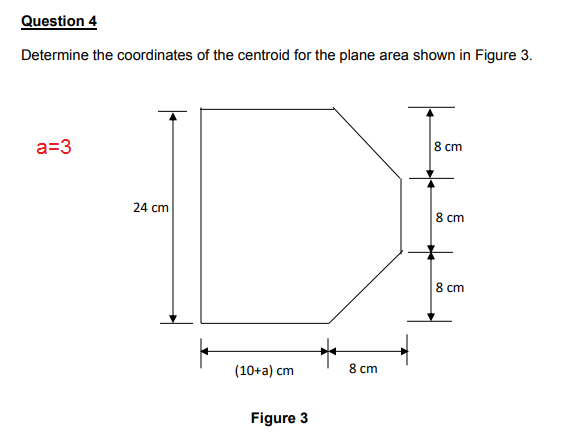 Determine the coordinates of the centroid for the plane area shown in Figure 3.
a=3
8 cm
24 cm
8 cm
