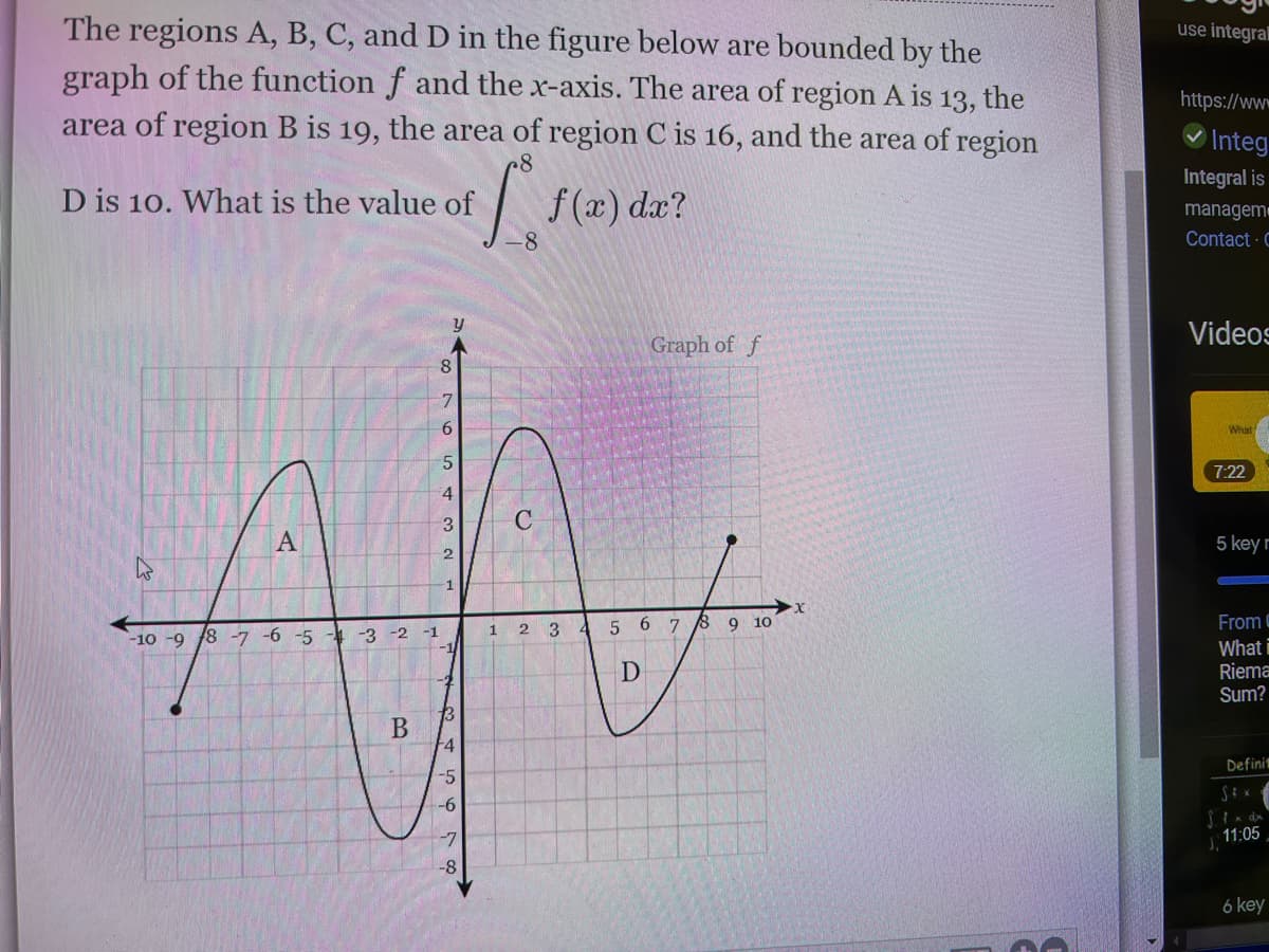 The regions A, B, C, and D in the figure below are bounded by the
graph of the function f and the x-axis. The area of region A is 13, the
use integral
https://www
area of region B is 19, the area of region C is 16, and the area of region
V Integ
Integral is
D is 10. What is the value of
|
f (x) dx?
managem
Contact C
-8
Videos
Graph of f
8.
7.
6.
What
7:22
3
A
5 key r
3 4
5 6 7
9 10
From C
1
-10 -9
8 -7 -6 -5
-3 -2
-1
What i
Riema
Sum?
Defini
-5
-6
-7
11:05
-8
6 key
