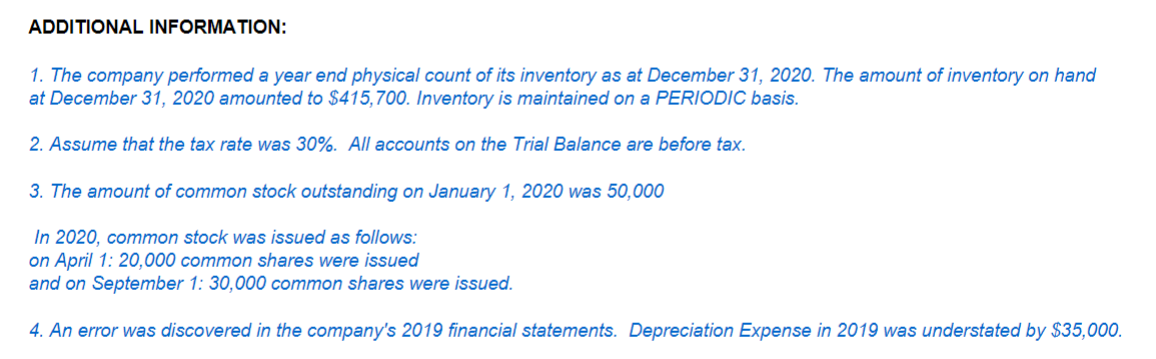 ADDITIONAL INFORMATION:
1. The company performed a year end physical count of its inventory as at December 31, 2020. The amount of inventory on hand
at December 31, 2020 amounted to $415,700. Inventory is maintained on a PERIODIC basis.
2. Assume that the tax rate was 30%. All accounts on the Trial Balance are before tax.
3. The amount of common stock outstanding on January 1, 2020 was 50,000
In 2020, common stock was issued as follows:
on April 1: 20,000 common shares were issued
and on September 1: 30,000 common shares were issued.
4. An error was discovered in the company's 2019 financial statements. Depreciation Expense in 2019 was understated by $35,000.