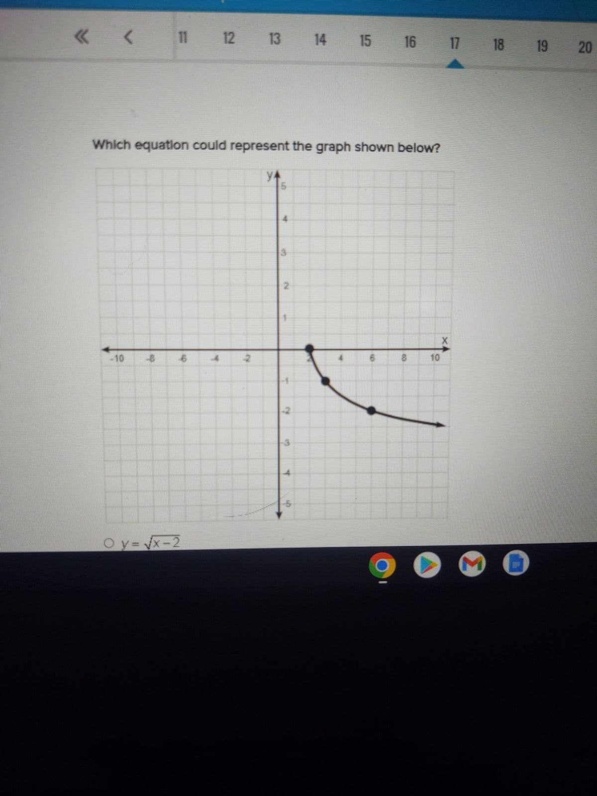 << < 11
-10
46
Which equation could represent the graph shown below?
Oy=√x-2
12 13
16
13 14 15
YA
N
100
3
15 16
16 17 18 19 20
4
60
10
X