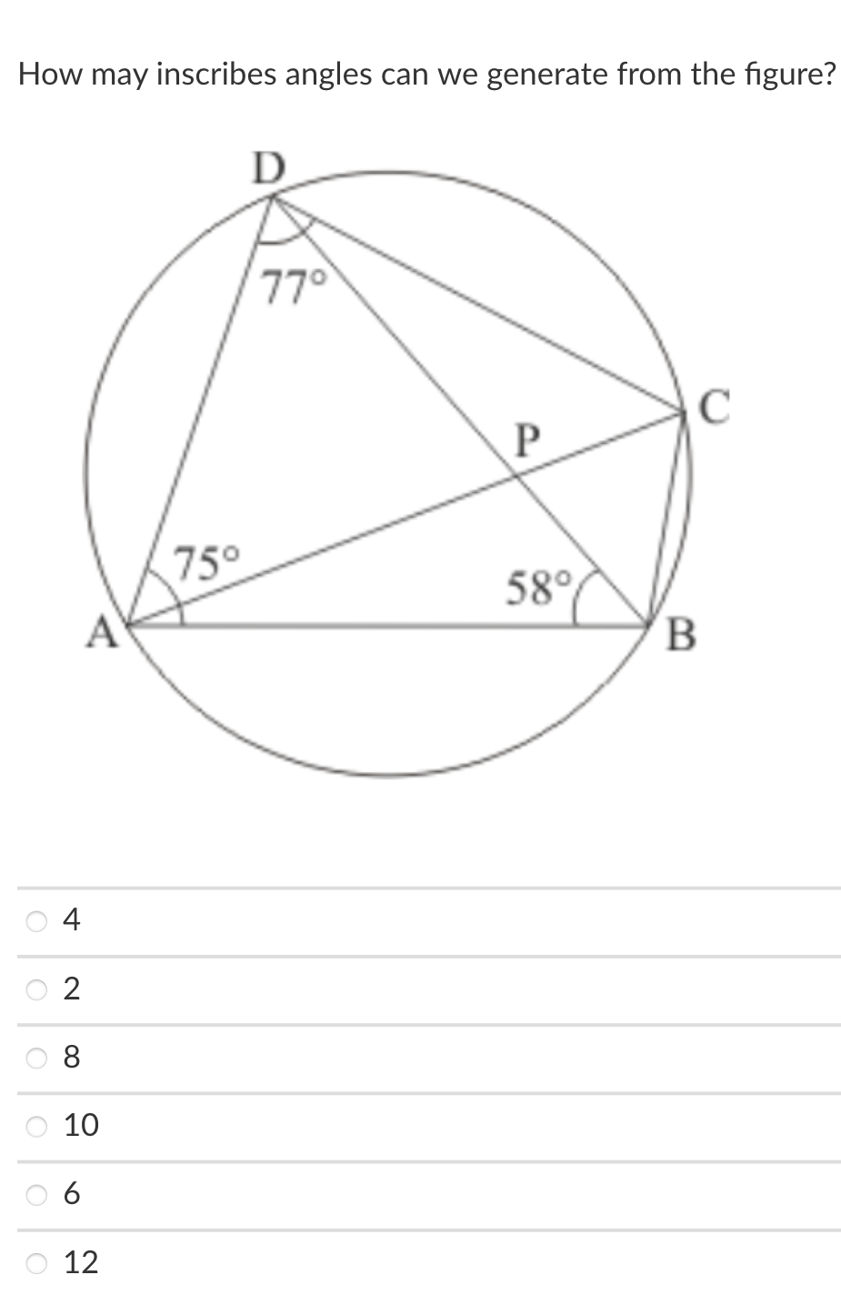 How may inscribes angles can we generate from the figure?
D
C
P
58°
A
4
2
8
10
6
12
75°
77°
B