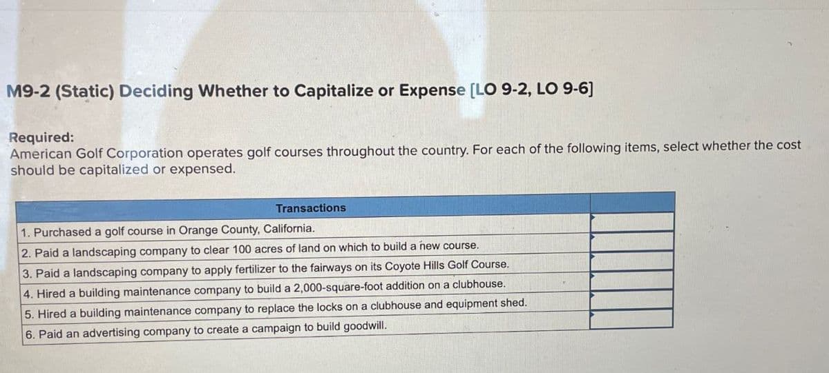 M9-2 (Static) Deciding Whether to Capitalize or Expense [LO 9-2, LO 9-6]
Required:
American Golf Corporation operates golf courses throughout the country. For each of the following items, select whether the cost
should be capitalized or expensed.
Transactions
1. Purchased a golf course in Orange County, California.
2. Paid a landscaping company to clear 100 acres of land on which to build a new course.
3. Paid a landscaping company to apply fertilizer to the fairways on its Coyote Hills Golf Course.
4. Hired a building maintenance company to build a 2,000-square-foot addition on a clubhouse.
5. Hired a building maintenance company to replace the locks on a clubhouse and equipment shed.
6. Paid an advertising company to create a campaign to build goodwill.