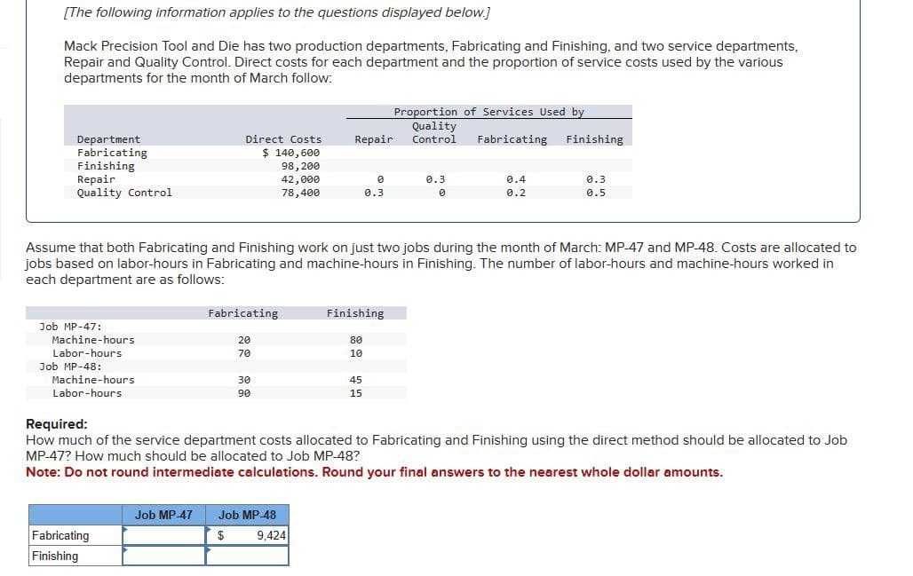 [The following information applies to the questions displayed below.]
Mack Precision Tool and Die has two production departments, Fabricating and Finishing, and two service departments,
Repair and Quality Control. Direct costs for each department and the proportion of service costs used by the various
departments for the month of March follow:
Department
Fabricating
Finishing
Repair
Quality Control
Proportion of Services Used by
Direct Costs
$ 140,600
Repair
Quality
Control
Fabricating
Finishing
98,200
42,000
0
0.3
0.4
0.3
78,400
0.3
0
0.2
0.5
Assume that both Fabricating and Finishing work on just two jobs during the month of March: MP-47 and MP-48. Costs are allocated to
jobs based on labor-hours in Fabricating and machine-hours in Finishing. The number of labor-hours and machine-hours worked in
each department are as follows:
Job MP-47:
Machine-hours
Labor-hours
Job MP-48:
Machine-hours
Labor-hours
Required:
Fabricating
Finishing
20
80
70
10
30
90
45
15
How much of the service department costs allocated to Fabricating and Finishing using the direct method should be allocated to Job
MP-47? How much should be allocated to Job MP-48?
Note: Do not round intermediate calculations. Round your final answers to the nearest whole dollar amounts.
Job MP-47
Job MP-48
Fabricating
Finishing
$
9,424