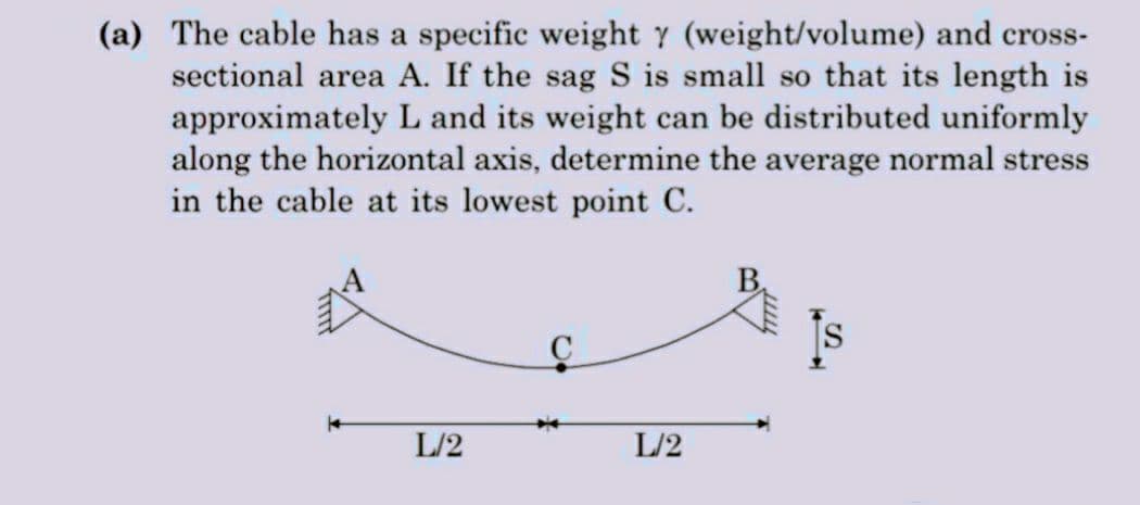 (a) The cable has a specific weighty (weight/volume) and cross-
sectional area A. If the sag S is small so that its length is
approximately L and its weight can be distributed uniformly
along the horizontal axis, determine the average normal stress
in the cable at its lowest point C.
L/2
L/2