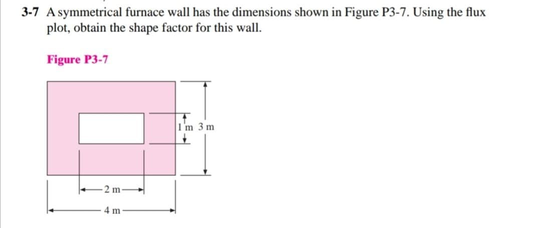 3-7 A symmetrical furnace wall has the dimensions shown in Figure P3-7. Using the flux
plot, obtain the shape factor for this wall.
Figure P3-7
1m 3 m
2 m
4 m
