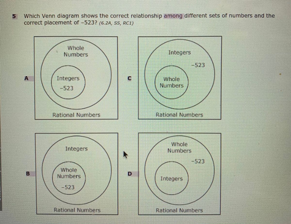 Which Venn diagram shows the correct relationship among different sets of numbers and the
correct placement of -523? (6.2A, SS, RCI)
Whole
Numbers
Integers
-523
Integers
Whole
Numbers
-523
Rational Numbers
Rational Numbers
Whole
Integers
Numbers
523
Whole
Numbers
Integers
-523
Rational Numbers
Rational Numbers
A,
5.
