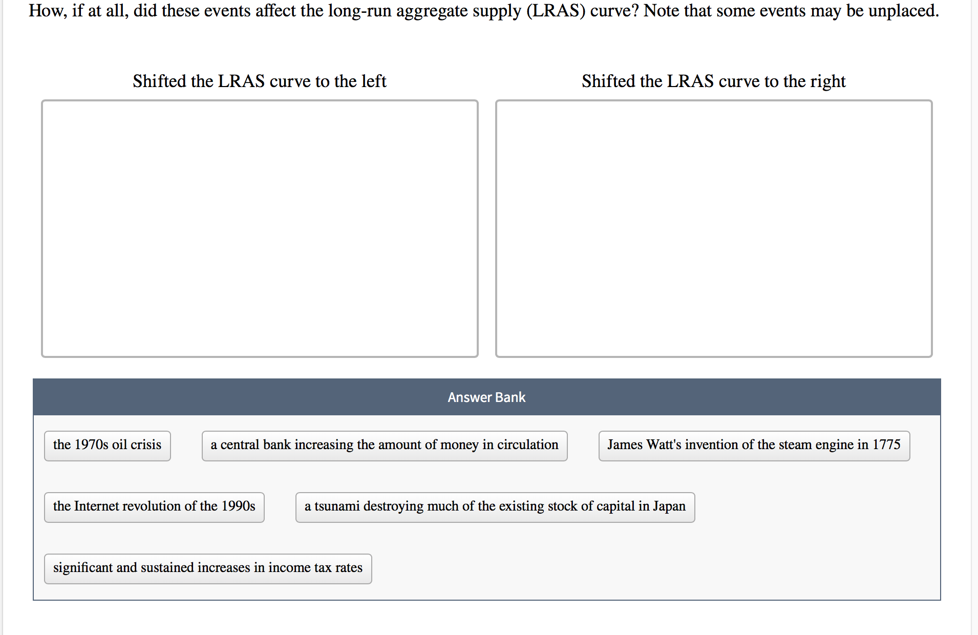 How, if at all, did these events affect the long-run aggregate supply (LRAS) curve? Note that some events may be unplaced
Shifted the LRAS curve to the left
Shifted the LRAS curve to the right
Answer Bank
the 1970s oil crisis
a central bank increasing the amount of money in circulation
James Watt's invention of the steam engine in 1775
the Internet revolution of the 1990s
a tsunami destroying much of the existing stock of capital in Japan
significant and sustained increases in income tax rates
