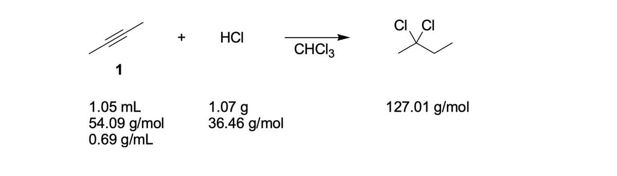 CI, CI
+
HCI
CHCI3
1
127.01 g/mol
1.05 mL
54.09 g/mol
0.69 g/mL
1.07 g
36.46 g/mol
