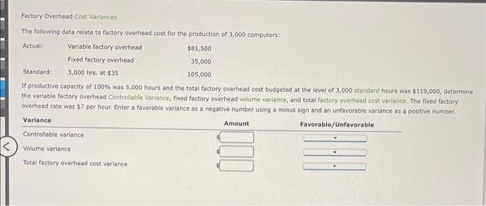 Factory Overhead Cost Variances
The following data relate to factory overhead cost for the production of 3,000 computers:
Actual:
$81,500
35,000
105,000
Variable factory overhead
Fixed factory overhead
Standard:
3,000 hrs. at $35
If productive capacity of 100% was 5,000 hours and the total factory overhead cost budgeted at the level of 3,000 standard hours was $119,000, determine
the variable factory overhead Controllable Variance, fixed factory overhead volume variance, and total factory overhead cost variance. The fixed factory
overhead rate was $7 per hour. Enter a favorable variance as a negative number using a minus sign and an unfavorable variance as a positive number.
Variance
Favorable/Unfavorable
Controllable variance
Volume variance
Total factory overhead cost variance
Amount