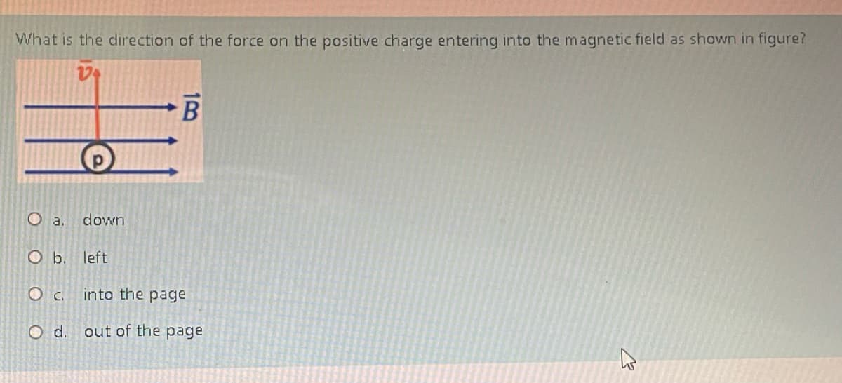 What is the direction of the force on the positive charge entering into the magnetic field as shown in figure?
B
O a.
down
Ob.
left
O c.
into the page
O d.
out of the page
18
