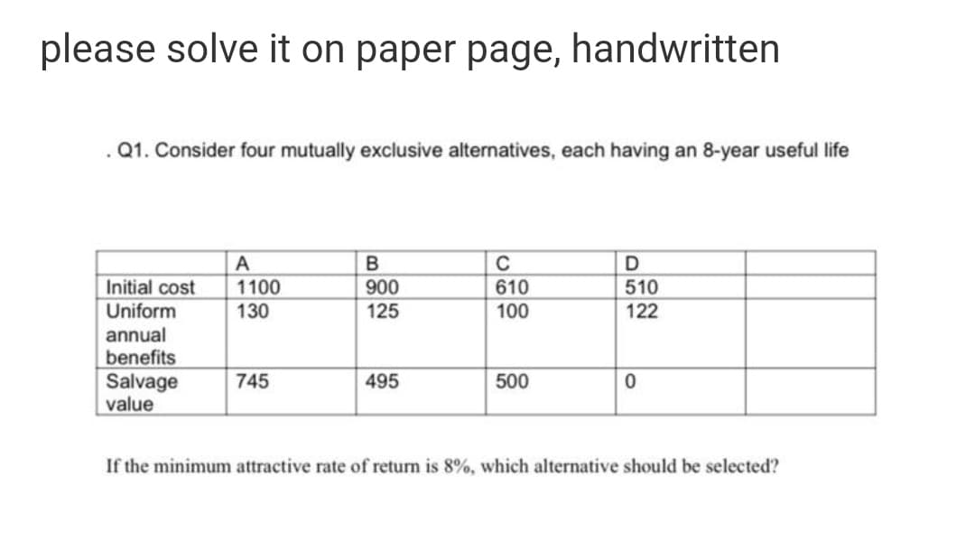 please solve it on paper page, handwritten
. Q1. Consider four mutually exclusive alternatives, each having an 8-year useful life
D
Initial cost
Uniform
1100
130
900
610
510
125
100
122
annual
benefits
Salvage
value
745
495
500
If the minimum attractive rate of return is 8%, which alternative should be selected?
