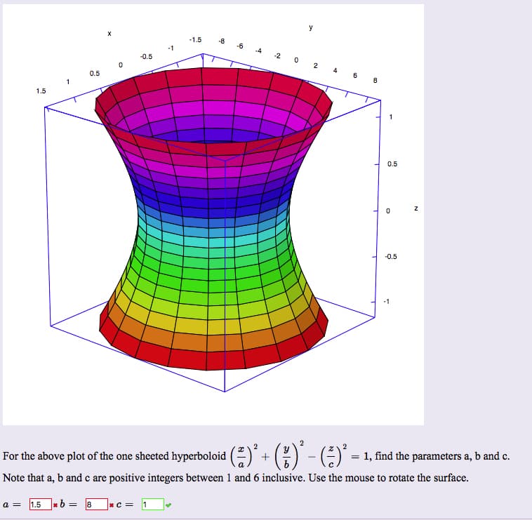 1.5
a = 1.5
1
*
0.5
O
b = 8
-0.5
-1
-1.5
-8
50
y
2 0 2 4 6 8
1
0.5
0
-0.5
2
For the above plot of the one sheeted hyperboloid (=)² + (²) ² - - (²-)² = 1, find the parameters a, b and c.
Note that a, b and c are positive integers between 1 and 6 inclusive. Use the mouse to rotate the surface.
*c = 1
-
Z