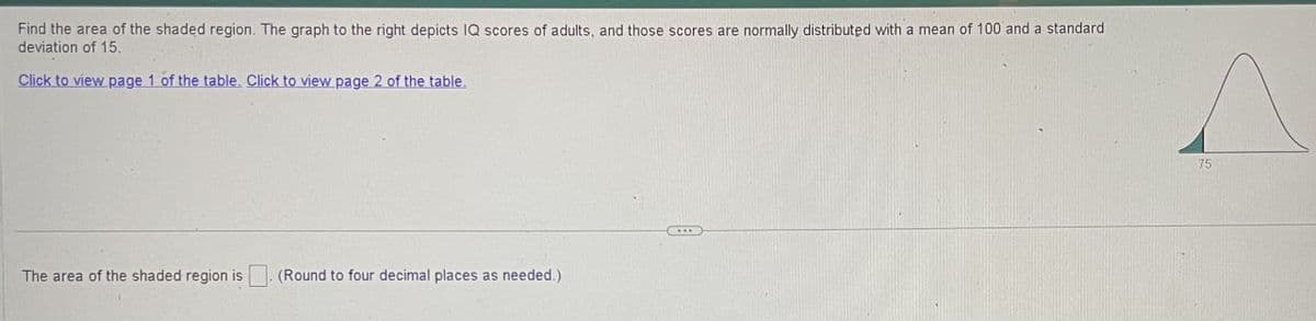 Find the area of the shaded region. The graph to the right depicts IQ scores of adults, and those scores are normally distributed with a mean of 100 and a standard
deviation of 15.
Click to view page 1 of the table. Click to view page 2 of the table.
The area of the shaded region is
(Round to four decimal places as needed.)
75