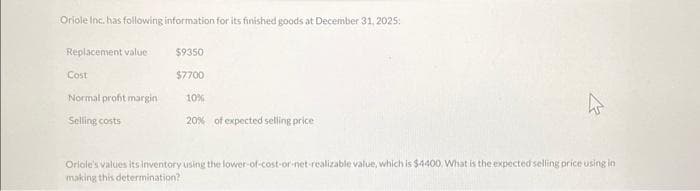 Oriole Inc. has following information for its finished goods at December 31, 2025:
Replacement value
Cost
Normal profit margin
Selling costs
$9350
$7700
10%
20% of expected selling price
4
Oriole's values its inventory using the lower-of-cost-or-net-realizable value, which is $4400. What is the expected selling price using in
making this determination?.