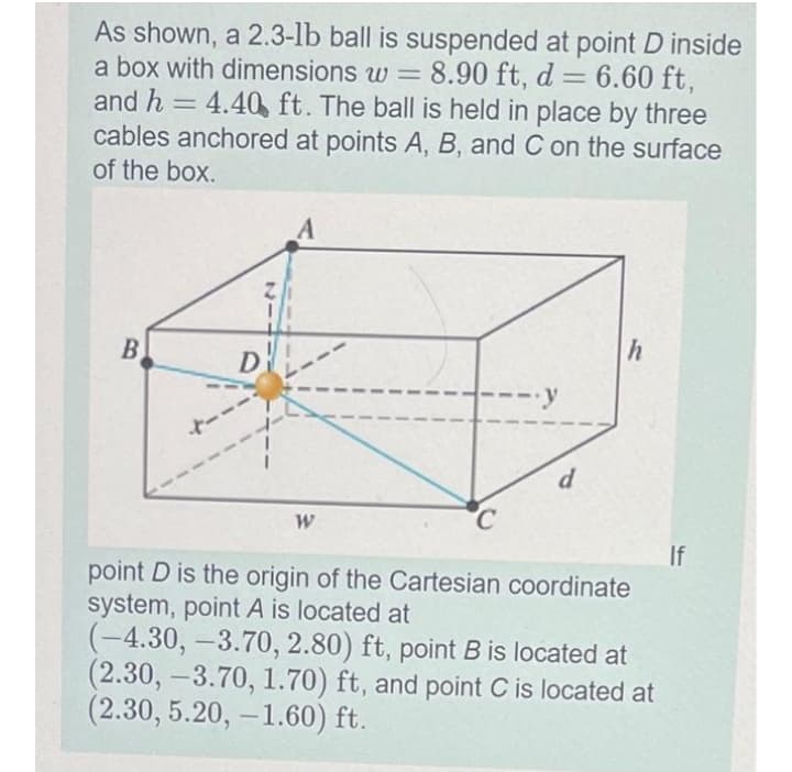 As shown, a 2.3-lb ball is suspended at point D inside
a box with dimensions w = 8.90 ft, d = 6.60 ft,
and h = 4.40 ft. The ball is held in place by three
cables anchored at points A, B, and C on the surface
of the box.
%3D
D'
·y
---
d
W
If
point D is the origin of the Cartesian coordinate
system, point A is located at
(-4.30, -3.70, 2.80) ft, point B is located at
(2.30, -3.70, 1.70) ft, and point C is located at
(2.30, 5.20, -1.60) ft.
B.
