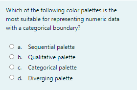 Which of the following color palettes is the
most suitable for representing numeric data
with a categorical boundary?
a. Sequential palette
O b. Qualitative palette
O. Categorical palette
O d. Diverging palette
