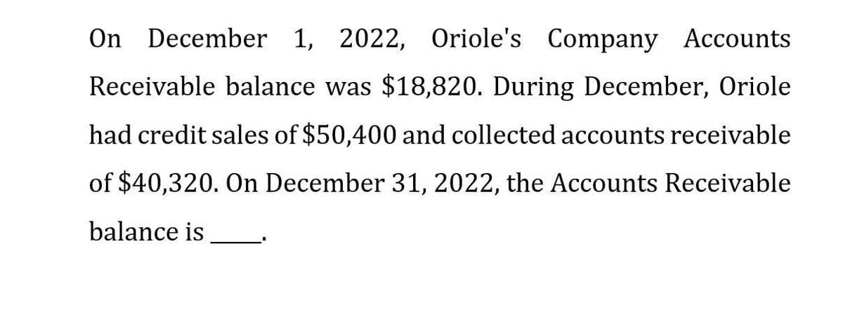 On December 1, 2022, Oriole's Company Accounts
Receivable balance was $18,820. During December, Oriole
had credit sales of $50,400 and collected accounts receivable
of $40,320. On December 31, 2022, the Accounts Receivable
balance is