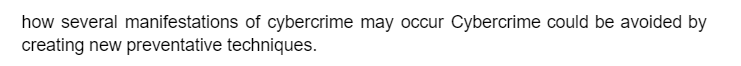 how several manifestations of cybercrime may occur Cybercrime could be avoided by
creating new preventative techniques.