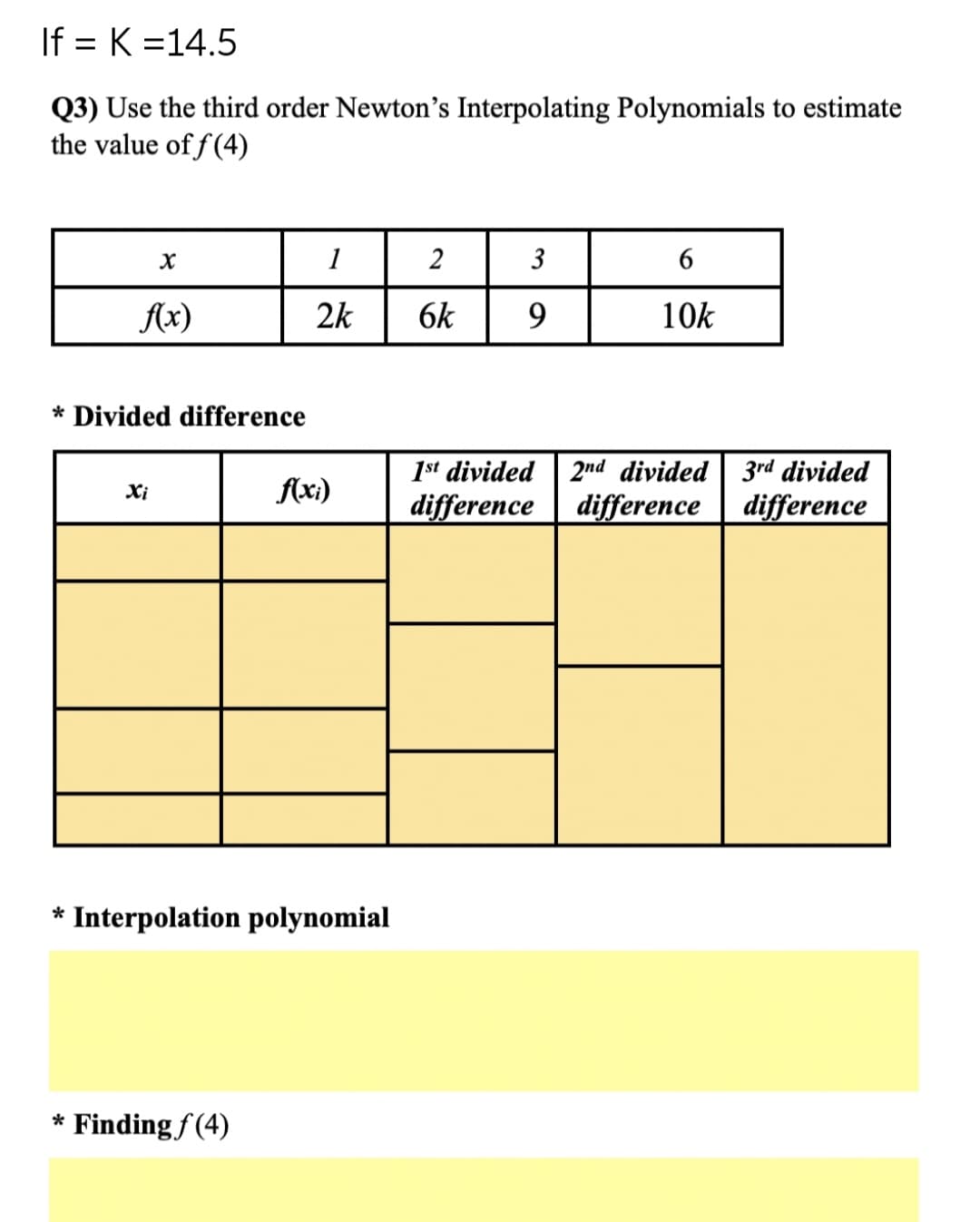 If = K =14.5
Q3) Use the third order Newton's Interpolating Polynomials to estimate
the value of f(4)
1
2
3
Ax)
2k
6k
9.
10k
* Divided difference
2nd divided 3rd divided
difference
1st divided
Xi
f(x)
difference difference
* Interpolation polynomial
* Finding f (4)
