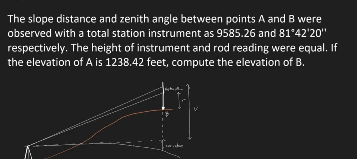 The slope distance and zenith angle between points A and B were
observed with a total station instrument as 9585.26 and 81°42′20″
respectively. The height of instrument and rod reading were equal. If
the elevation of A is 1238.42 feet, compute the elevation of B.
Retraction
curvature