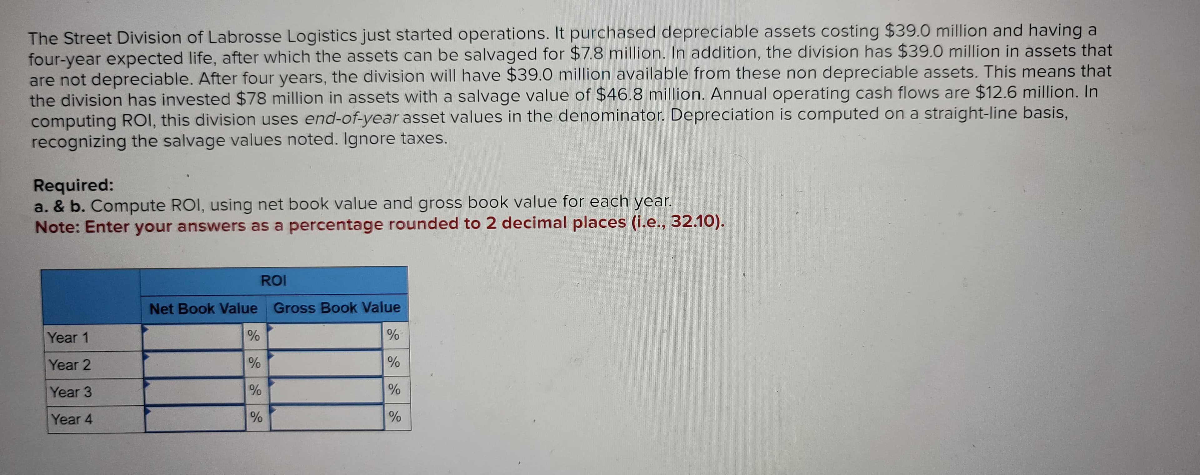 The Street Division of Labrosse Logistics just started operations. It purchased depreciable assets costing $39.0 million and having a
four-year expected life, after which the assets can be salvaged for $7.8 million. In addition, the division has $39.0 million in assets that
are not depreciable. After four years, the division will have $39.0 million available from these non depreciable assets. This means that
the division has invested $78 million in assets with a salvage value of $46.8 million. Annual operating cash flows are $12.6 million. In
computing ROI, this division uses end-of-year asset values in the denominator. Depreciation is computed on a straight-line basis,
recognizing the salvage values noted. Ignore taxes.
Required:
a. & b. Compute ROI, using net book value and gross book value for each year.
Note: Enter your answers as a percentage rounded to 2 decimal places (i.e., 32.10).
Year 1
Year 2
Year 3
Year 4
Net Book Value Gross Book Value
%
%
%
%
%
%
ROI
%
%