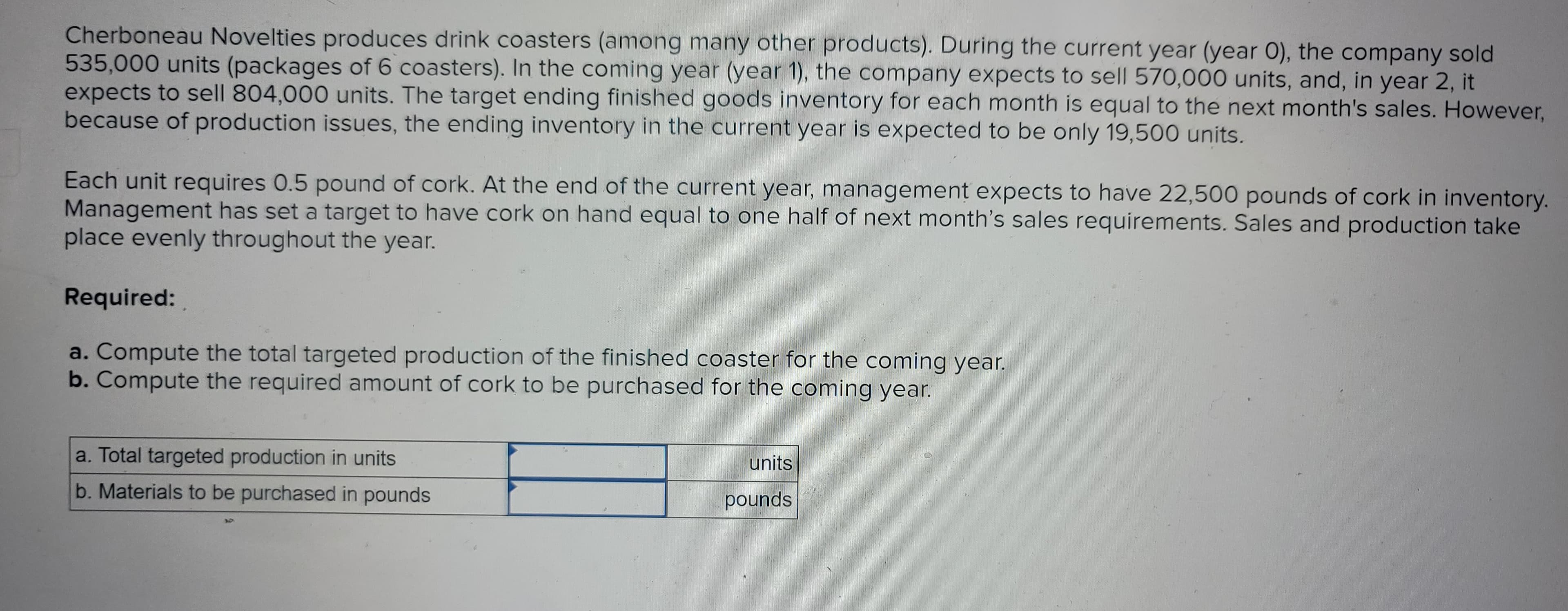 Cherboneau Novelties produces drink coasters (among many other products). During the current year (year O), the company sold
535,000 units (packages of 6 coasters). In the coming year (year 1), the company expects to sell 570,000 units, and, in year 2,
expects to sell 804,000 units. The target ending finished goods inventory for each month is equal to the next month's sales. However,
because of production issues, the ending inventory in the current year is expected to be only 19,500 units.
Each unit requires 0.5 pound of cork. At the end of the current year, management expects to have 22,500 pounds of cork in inventory.
Management has set a target to have cork on hand equal to one half of next month's sales requirements. Sales and production take
place evenly throughout the year.
Required:
a. Compute the total targeted production of the finished coaster for the coming year.
b. Compute the required amount of cork to be purchased for the coming year.
a. Total targeted production in units
b. Materials to be purchased in pounds
units
pounds
