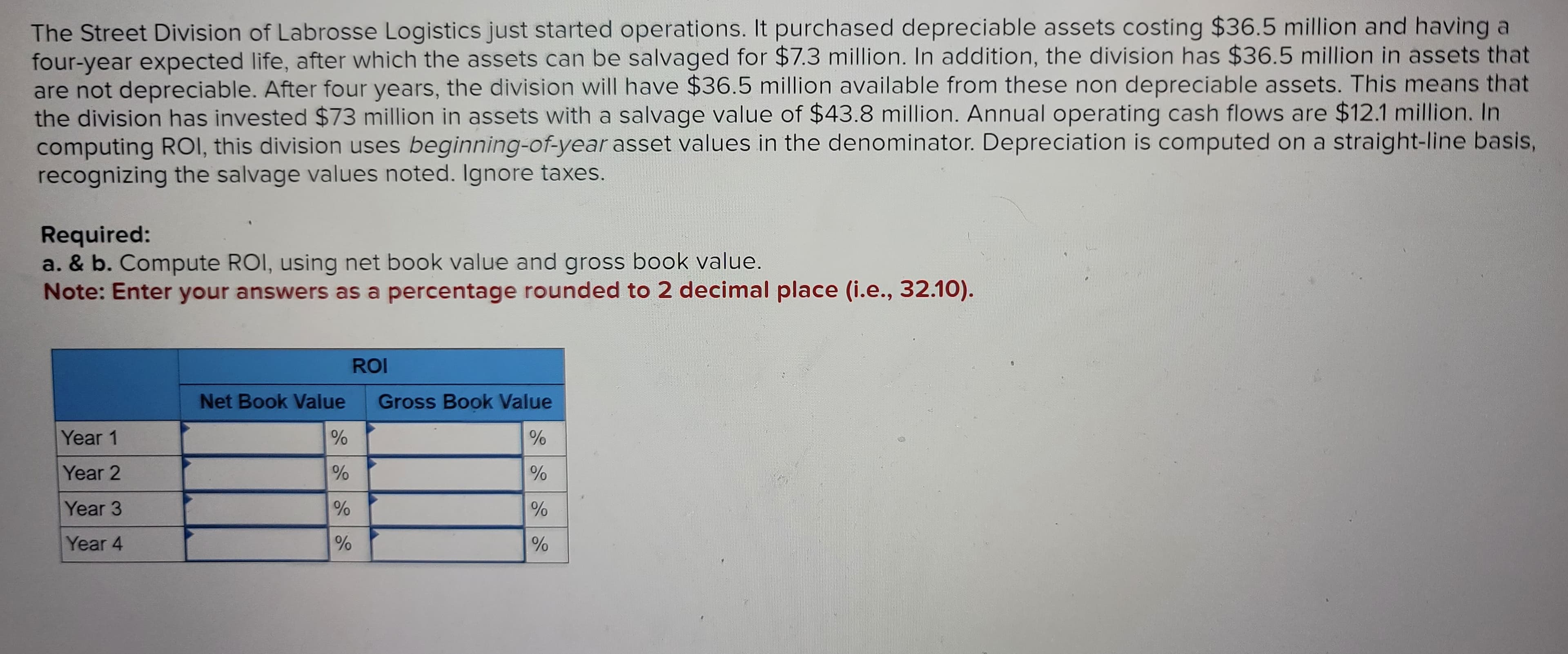 The Street Division of Labrosse Logistics just started operations. It purchased depreciable assets costing $36.5 million and having a
four-year expected life, after which the assets can be salvaged for $7.3 million. In addition, the division has $36.5 million in assets that
are not depreciable. After four years, the division will have $36.5 million available from these non depreciable assets. This means that
the division has invested $73 million in assets with a salvage value of $43.8 million. Annual operating cash flows are $12.1 million. In
computing ROI, this division uses beginning-of-year asset values in the denominator. Depreciation is computed on a straight-line basis,
recognizing the salvage values noted. Ignore taxes.
Required:
a. & b. Compute ROI, using net book value and gross book value.
Note: Enter your answers as a percentage rounded to 2 decimal place (i.e., 32.10).
Year 1
Year 2
Year 3
Year 4
Net Book Value
%
%
%
%
ROI
Gross Book Value
%
%
%
%