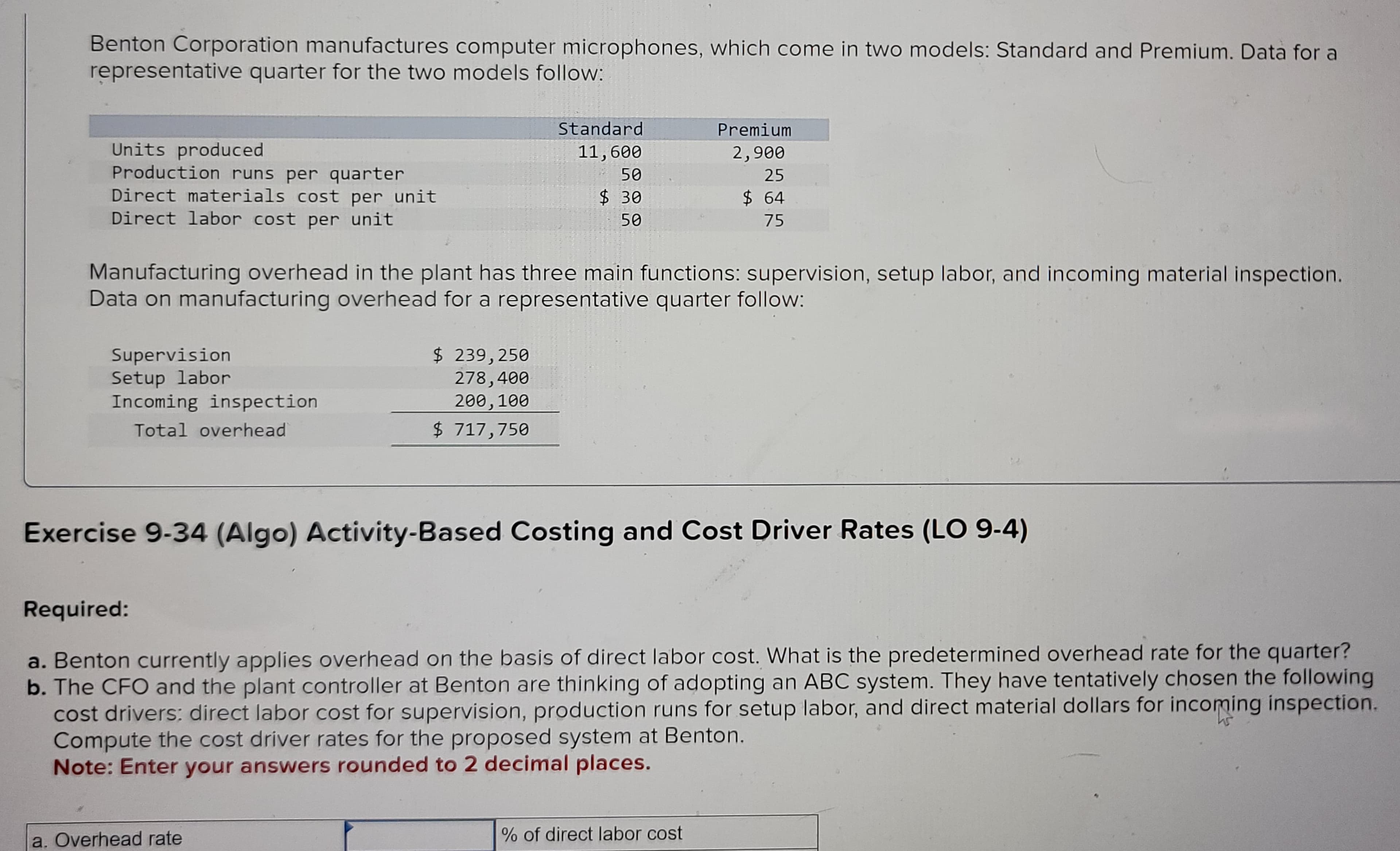 Benton Corporation manufactures computer microphones, which come in two models: Standard and Premium. Data for a
representative quarter for the two models follow:
Units produced
Production runs per quarter
Direct materials cost per unit
Direct labor cost per unit
Supervision
Setup labor
Incoming inspection
Total overhead
Manufacturing overhead in the plant has three main functions: supervision, setup labor, and incoming material inspection.
Data on manufacturing overhead for a representative quarter follow:
Standard
11,600
50
$ 30
50
$ 239,250
278,400
200, 100
$ 717,750
a. Overhead rate
Premium
2,900
25
$ 64
75
Exercise 9-34 (Algo) Activity-Based Costing and Cost Driver Rates (LO 9-4)
Required:
a. Benton currently applies overhead on the basis of direct labor cost. What is the predetermined overhead rate for the quarter?
b. The CFO and the plant controller at Benton are thinking of adopting an ABC system. They have tentatively chosen the following
cost drivers: direct labor cost for supervision, production runs for setup labor, and direct material dollars for incoming inspection.
Compute the cost driver rates for the proposed system at Benton.
Note: Enter your answers rounded to 2 decimal places.
% of direct labor cost