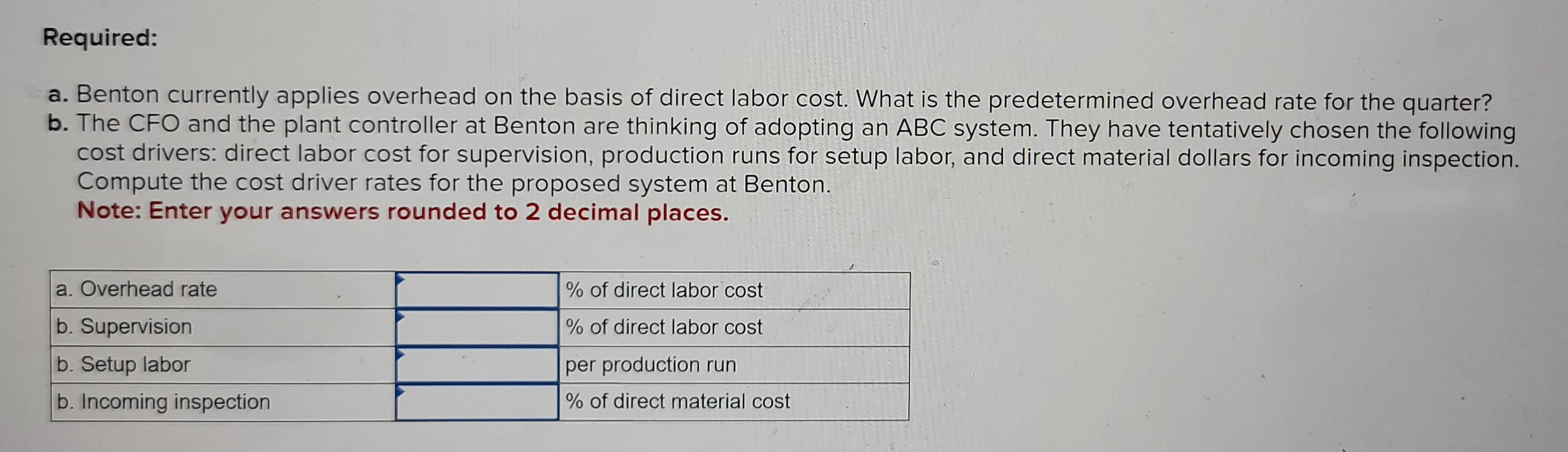 Required:
a. Benton currently applies overhead on the basis of direct labor cost. What is the predetermined overhead rate for the quarter?
b. The CFO and the plant controller at Benton are thinking of adopting an ABC system. They have tentatively chosen the following
cost drivers: direct labor cost for supervision, production runs for setup labor, and direct material dollars for incoming inspection.
Compute the cost driver rates for the proposed system at Benton.
Note: Enter your answers rounded to 2 decimal places.
a. Overhead rate
b. Supervision
b. Setup labor
b. Incoming inspection
% of direct labor cost
% of direct labor cost
per production run
% of direct material cost