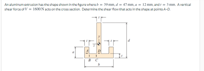 An aluminum extrusion has the shape shown in the figure where b = 39 mm, d = 47 mm, a = 12 mm, and / = 3 mm. Avertical
shear force of V = 1600 N acts on the cross section. Determine the shear flow that acts in the shape at points A-D.
41
B C
