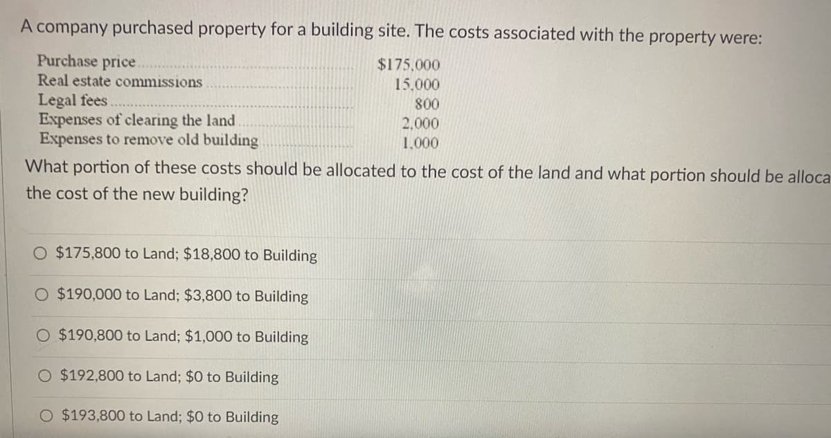 A company purchased property for a building site. The costs associated with the property were:
Purchase price
$175,000
Real estate commissions
15,000
Legal fees.
Expenses of clearing the land
Expenses to remove old building
800
2,000
1,000
What portion of these costs should be allocated to the cost of the land and what portion should be alloca
the cost of the new building?
$175,800 to Land; $18,800 to Building
O $190,000 to Land; $3,800 to Building
$190,800 to Land; $1,000 to Building
O $192,800 to Land; $0 to Building
O $193,800 to Land; $0 to Building
