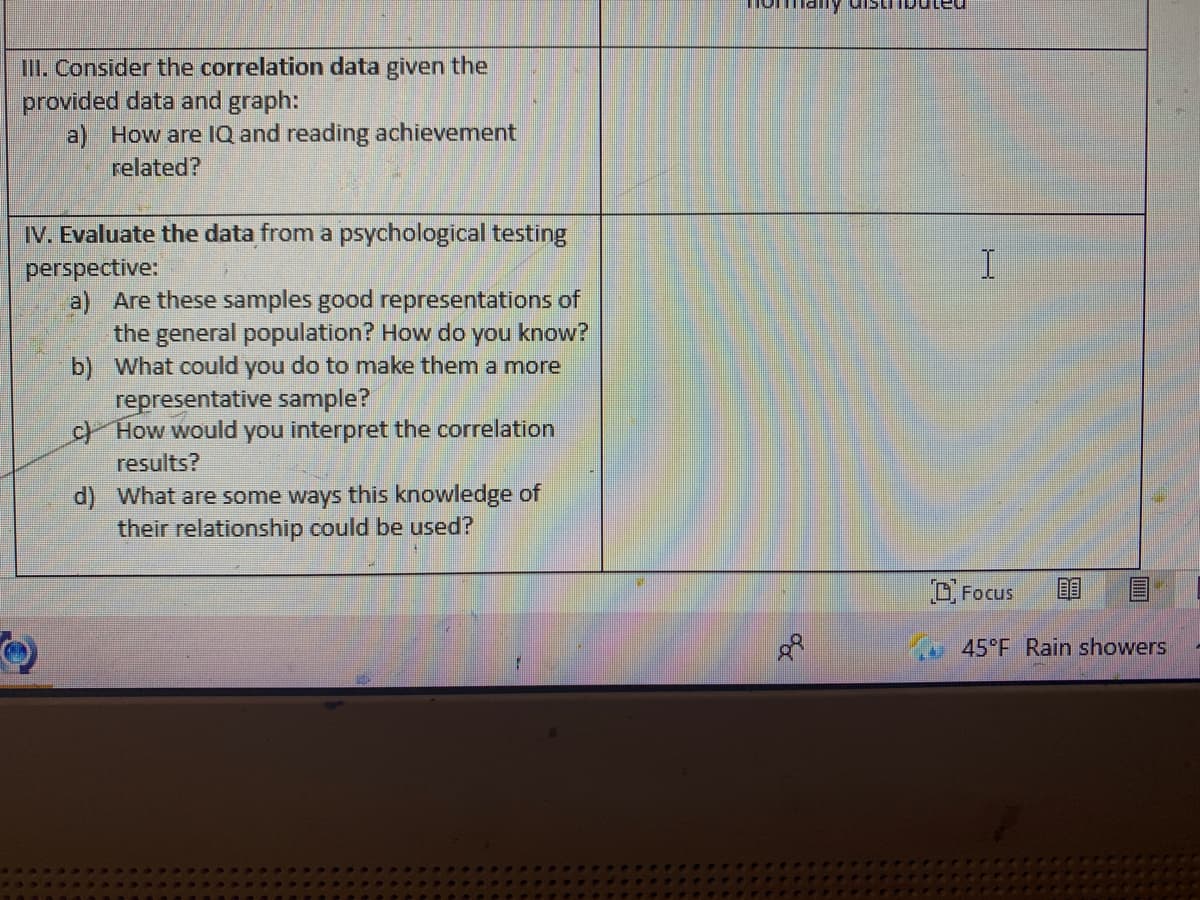 II. Consider the correlation data given the
provided data and graph:
a) How are IQ and reading achievement
related?
IV. Evaluate the data from a psychological testing
perspective:
a) Are these samples good representations of
the general population? How do
b) What could you do to make them a more
you
know?
representative sample?
c How would you interpret the correlation
resu
d) What are some ways this knowledge of
their relationship could be used?
Focus
45°F Rain showers
