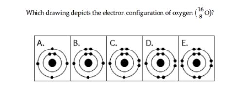 Which drawing depicts the electron configuration of oxygen (0)?
А.
|В.
C.
D.
E.
