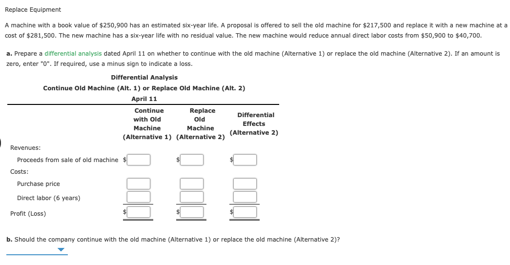 Replace Equipment
A machine with a book value of $250,900 has an estimated six-year life. A proposal is offered to sell the old machine for $217,500 and replace it with a new machine at a
cost of $281,500. The new machine has a six-year life with no residual value. The new machine would reduce annual direct labor costs from $50,900 to $40,700.
a. Prepare a differential analysis dated April 11 on whether to continue with the old machine (Alternative 1) or replace the old machine (Alternative 2). If an amount is
zero, enter "0". If required, use a minus sign to indicate a loss.
Differential Analysis
Continue Old Machine (Alt. 1) or Replace old Machine (Alt. 2)
April 11
Continue
Replace
Differential
with Old
Old
Effects
Machine
Machine
(Alternative 2)
(Alternative 1) (Alternative 2)
Revenues:
Proceeds from sale of old machine
Costs:
Purchase price
Direct labor (6 years)
Profit (Loss)
b. Should the company continue with the old machine (Alternative 1) or replace the old machine (Alternative 2)?
