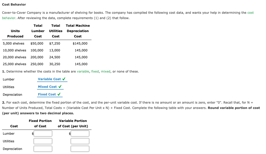 Cost Behavior
Cover-to-Cover Company is a manufacturer of shelving for books. The company has compiled the following cost data, and wants your help in determining the cost
behavior. After reviewing the data, complete requirements (1) and (2) that follow.
Total
Total
Total Machine
Units
Lumber
Utilities Depreciation
Produced
Cost
Cost
Cost
5,000 shelves
$50,000
$7,250
$145,000
10,000 shelves
100,000
13,000
145,000
20,000 shelves 200,000
24,500
145,000
25,000 shelves 250,000
30,250
145,000
1. Determine whether the costs in the table are variable, fixed, mixed, or none of these.
Lumber
Variable Cost v
Utilities
Mixed Cost V
Depreciation
Fixed Cost v
2. For each cost, determine the fixed portion of the cost, and the per-unit variable cost. If there is no amount or an amount is zero, enter "0". Recall that, for N =
Number of Units Produced, Total Costs = (Variable Cost Per Unit x N) + Fixed Cost. Complete the following table with your answers. Round variable portion of cost
(per unit) answers to two decimal places.
Fixed Portion
Variable Portion
Cost
of Cost
of Cost (per Unit)
Lumber
Utilities
Depreciation
