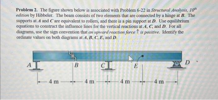 Problem 2. The figure shown below is associated with Problem 6-22 in Structural Analysis, 10th
edition by Hibbeler. The beam consists of two elements that are connected by a hinge at B. The
supports at A and C are equivalent to rollers, and there is a pin support at D. Use equilibrium
equations to construct the influence lines for the vertical reactions at A, C, and D. For all
diagrams, use the sign convention that an upward reaction force is positive. Identify the
ordinate values on both diagrams at A, B, C, E, and D.
L4
- 4 m
B
4 m
CL
4 m
E
-4 m
D