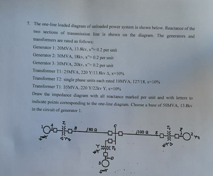 7. The one-line loaded diagram of unloaded power system is shown below. Reactance of the
two sections of transmission line is shown on the diagram. The generators and
transformers are rated as follows:
Generator 1: 20MVA, 13.8kv, x"- 0,2 per unit
Generator 2: 30OMVA, 18kv, x"= 0.2 per unit
Generator 3: 30OMVA, 20kv, x"= 0.2 per unit
Transformer T1: 25MVA, 220 Y/13.8kv A, x-10%
Transformer T2: single phase units each rated 10MVA, 127/18, x-10%
Transformer T1: 35MVA, 220 Y/22kv Y, x-10%
Draw the impedance diagram with all reactance marked per unit and with letters to
indicate points corresponding to the one-line diagram. Choose a base of 50MVA, 13.8kv
in the circuit of generator 1.
j80 0
j100 Q
"కాతంణం
