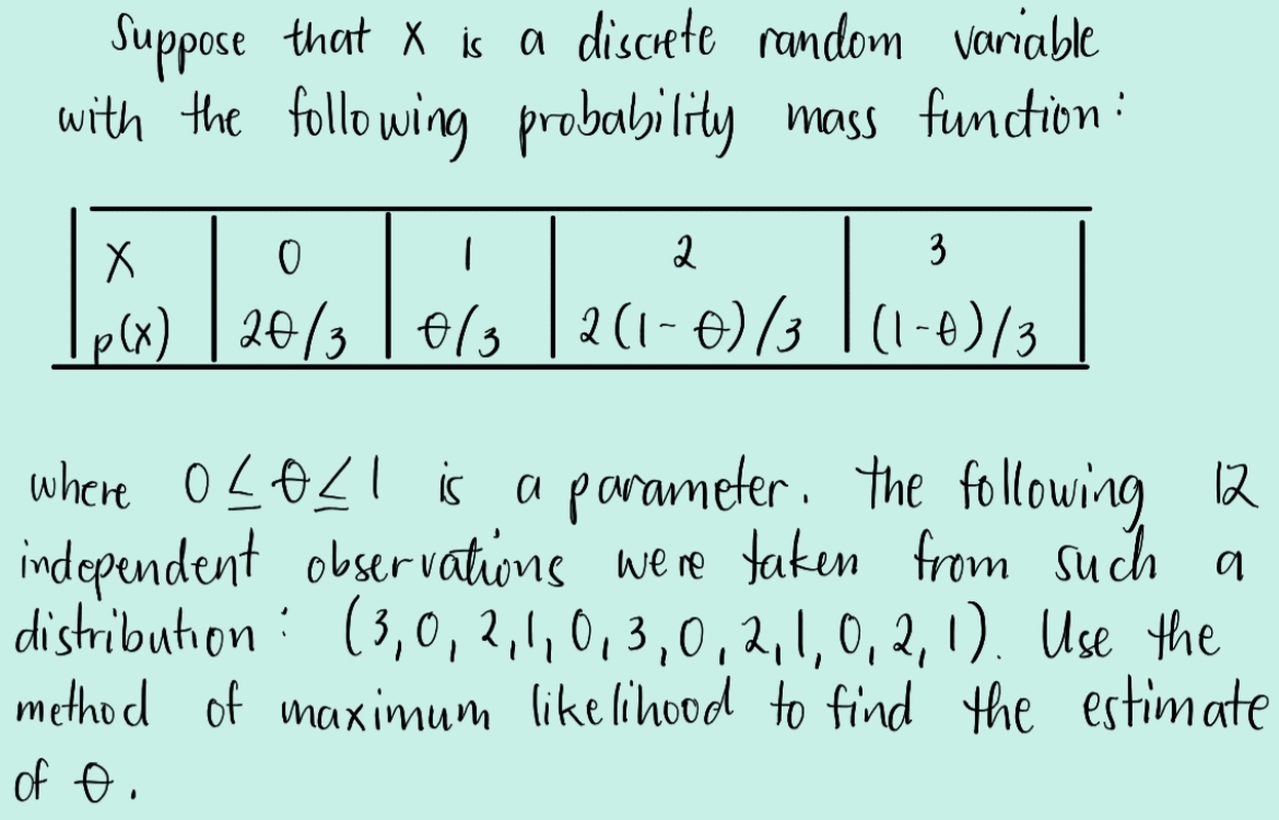 Suppose that X is a discrete random variable
with the follo wing probability mass fundion:
2
3
p(x) | 20/3 | 0/3
2 (1 - €) (3 T(1-8)/3
where OLeLI is a parameter. the following R
independent observations were taken from such
distribution: (3,0, 2,1,0,3,0,2,I, 0, 2, 1). Use the
method of maximum likelihood to find the estimate
of o.
